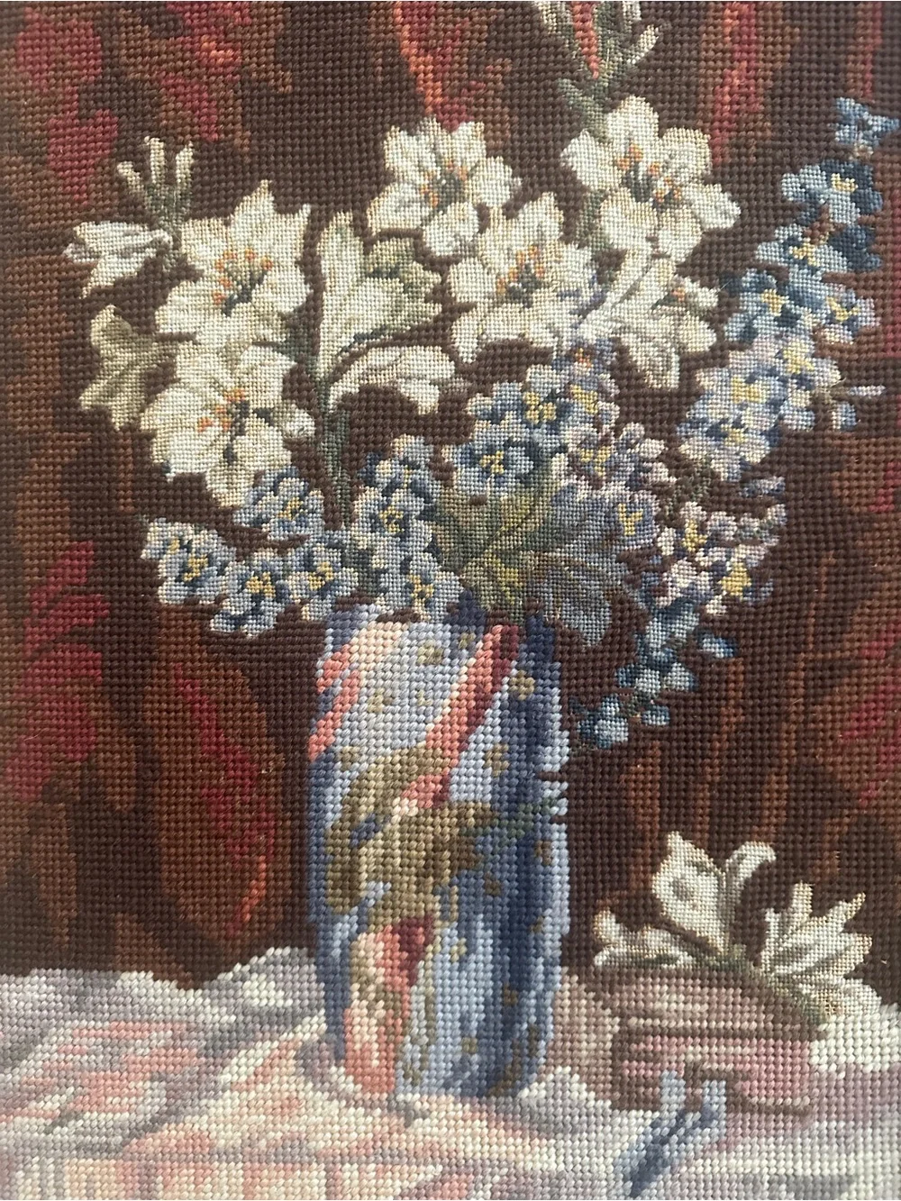 VINTAGE Framed Floral Needlepoint Art in Gold Frame- size 20-1/2” long x 15”wide